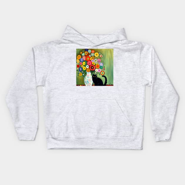 Still Life Painting with Black Cat and Flowers in a White Vase Kids Hoodie by bragova